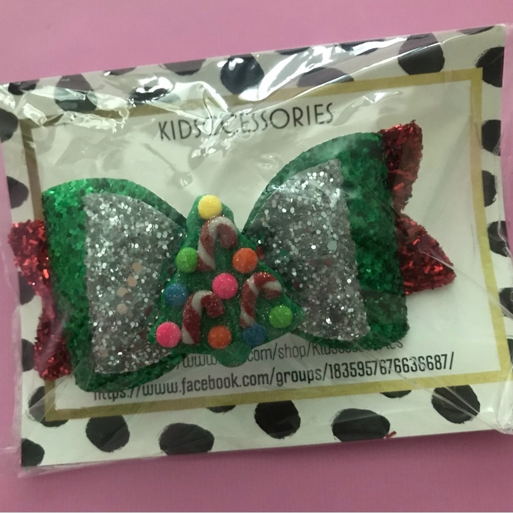 Glitter Candy Tree Hair Bow - Green & Silver, New